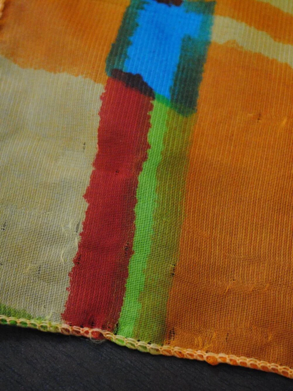 Vintage 1990s Orange, Blue, Red, & Green Color Block Chiffon Scarf